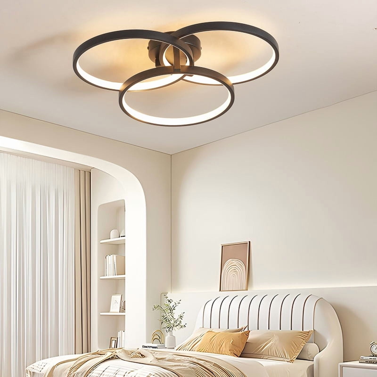 Modern Black LED Chandelier, 20-Inch 3-Ring Pendant Light Fixture, Flush Mount Ceiling Light for Dining Room, Kitchen Island, Bedroom or Living Room, Sleek and Energy-Efficient