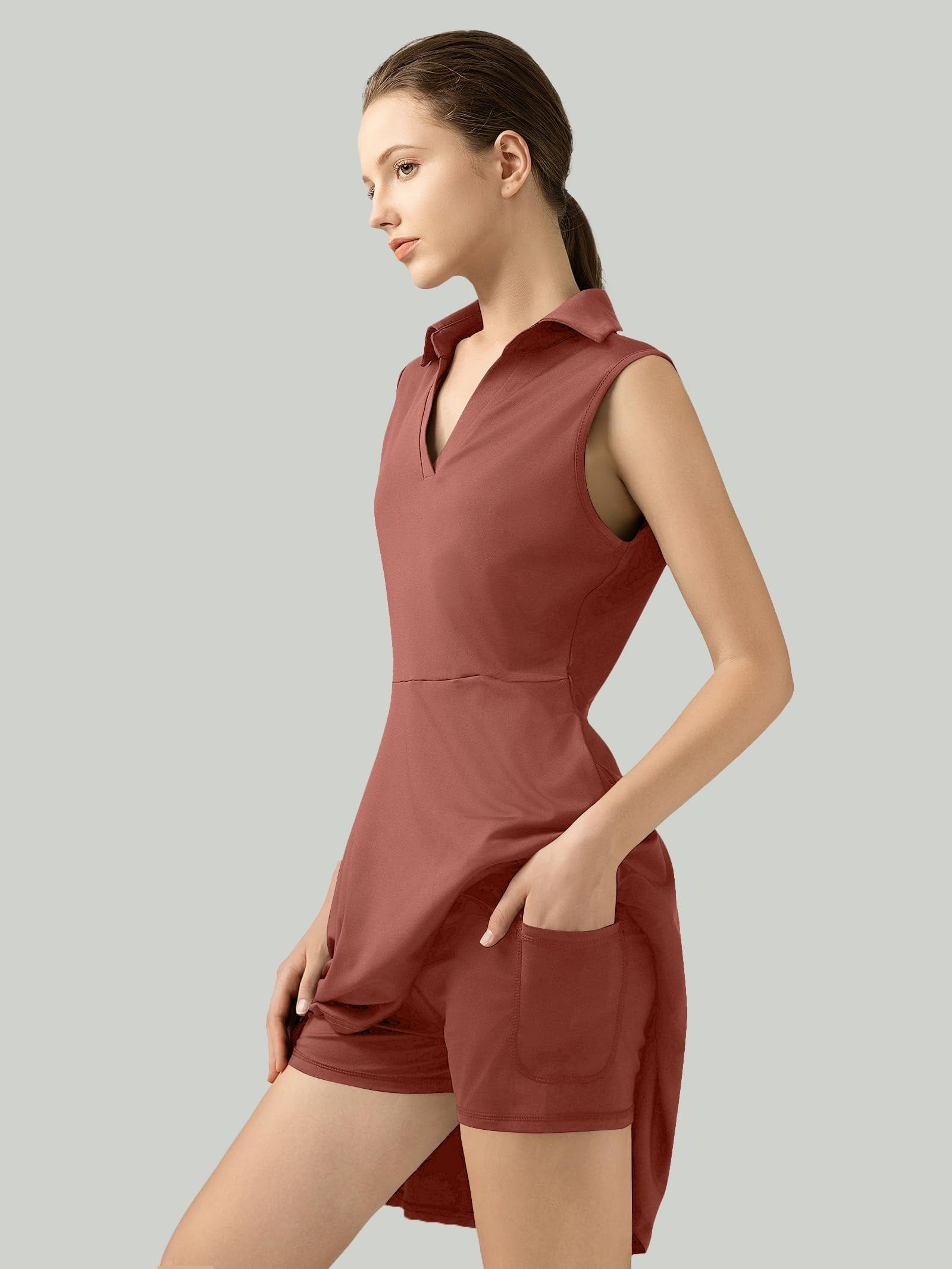 Golf Tennis Dresses, Women Athletic Dress with Separate Shorts, V Neck Sleeveless Workout Dresses Solid Color M