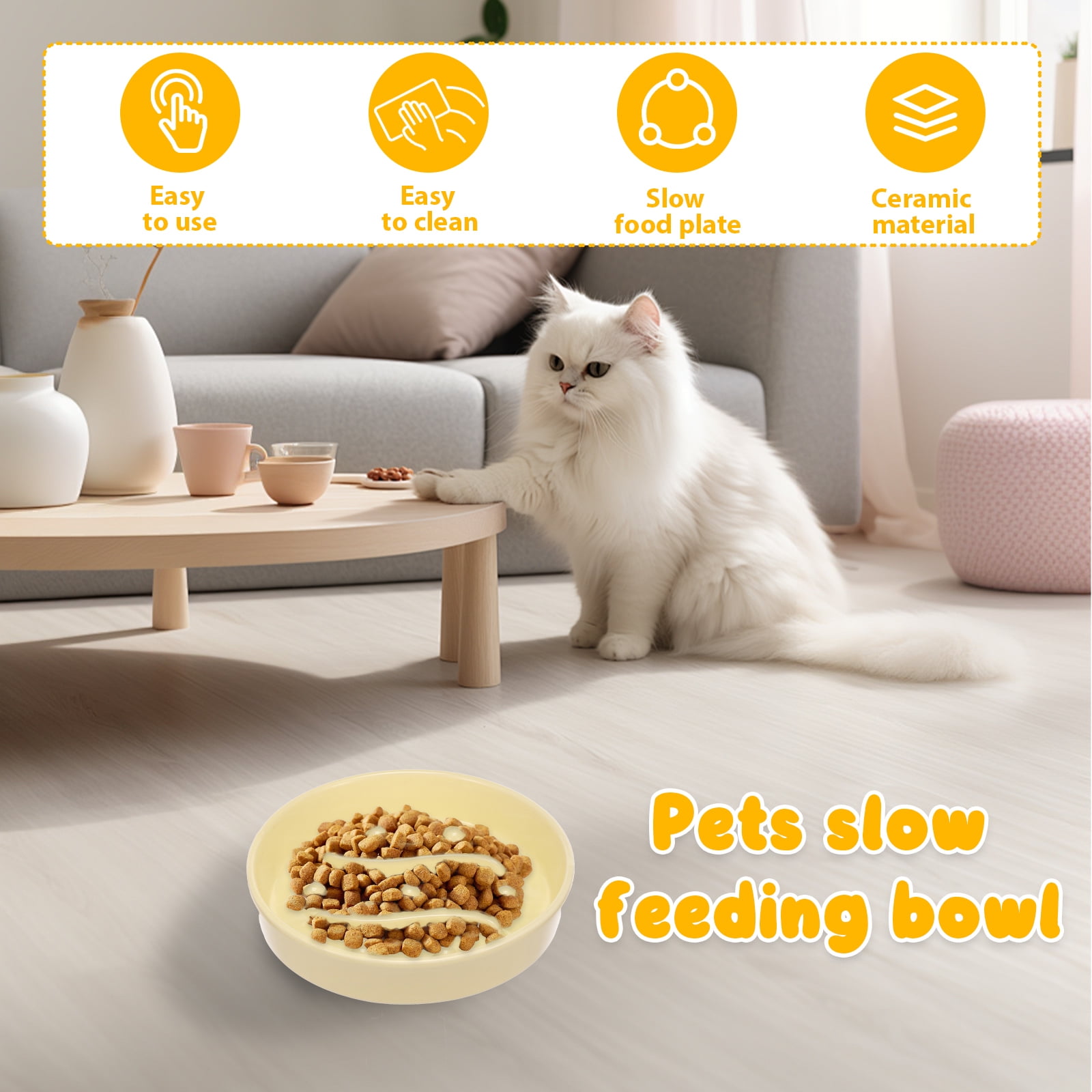 2 Pcs Cat Slow Feeder Bowl Smooth Ceramic Cat Food Bowl Slow Feeder with Nonslip Bottom，Keeps Pets Busy and Prevents Puppy Overeating