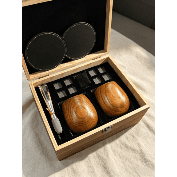 HomeDrink Charred Wood Bourbon Tumbler Set of 2, Drink Kit with 8 Cooling Stones, Old Fashioned Cup Gift for Dad Husband Friends