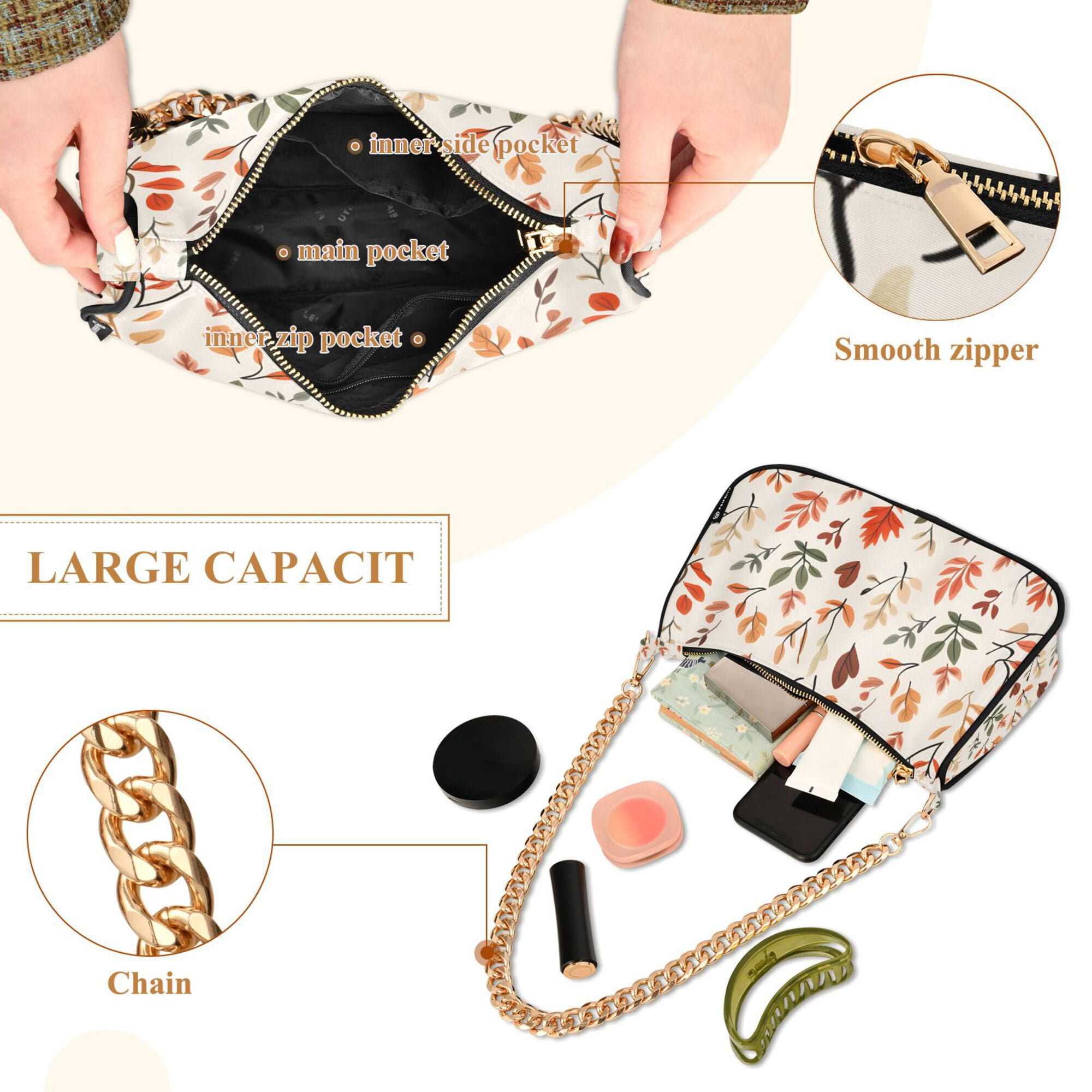 FORMRS Womens Shoulder Bag with Chain Strap Clutch Purse Cute Tote Handbag, Autumn Leaves