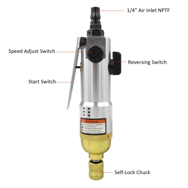 Powered 1/4" Pneumatic Air Screwdriver Straight Hand Industrial 9000rpm Reversible Screw Driver
