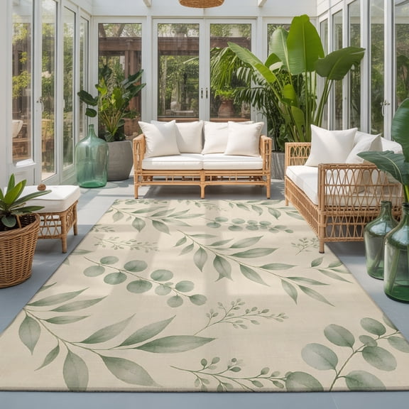Sage Green Eucalyptus Leaves Washable Living Room Rugs 6'x9', Vintage Minimalist Aesthetic Washable Throw Large Area Rug Non-Slip Sturdy Edge Binding Carpet for Dining Room Kitchen Office