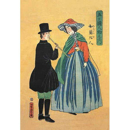 Japanese print of a Dutchman smoking a clay pipe along witha Japanese woman entired entirely in Western style clothing Ukiyo-e pictures of the floating world is a genre of Japanese woodblock prints
