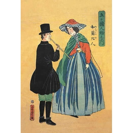 Woman Smoking Pipe Japanese print of a Dutchman smoking a clay pipe along witha Japanese woman entired entirely in Western style clothing Ukiyo-e pictures of the floating world is a genre of Japanese woodblock prints an ()