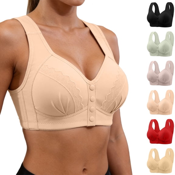 Aezemi Womens Front Closure Bras Plus Size Push up Wireless Lightweight Supportive Brassiere Older Women V Neck Thick Straps Comfy Everyday Bralette with No Underwire 46
