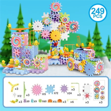 Gear Toys Interlocking Building Blocks for Kids Age3+ 249 Pcs Educational Construction Building Toys Set Toddlers Creative STEM Montessori Toys for 3 4 5 6 Year Old Boys Girls Spinning Toys Gifts