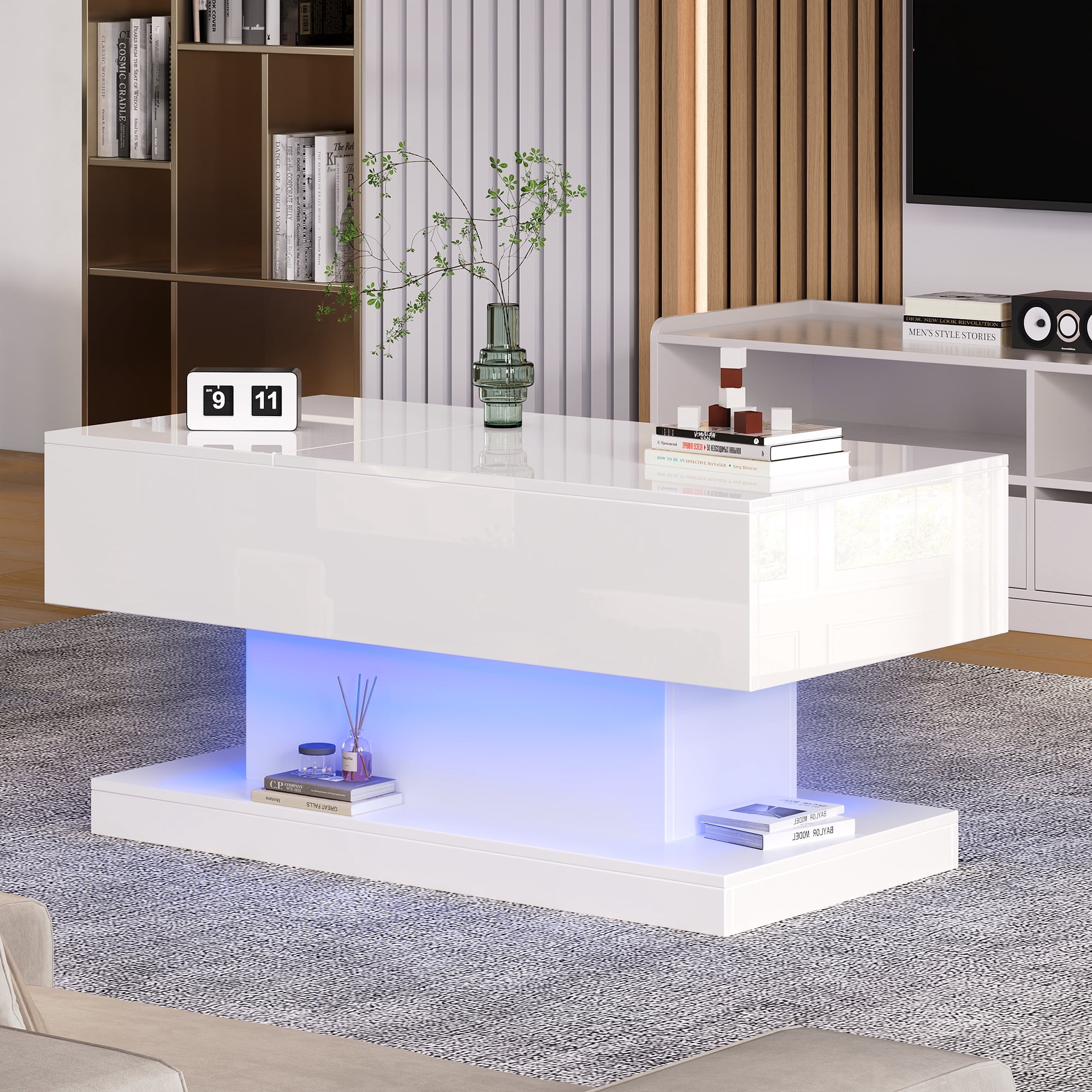 Table basse relevable Noble House, laquée brillante, éclairage DEL, plateau coulissant extensible et mécanisme de levage, blanche