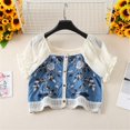 thumbnail image 5 of XISAOK Women Bubble Short Sleeve Button Up Crop Top Crochet Flower Square Neck Shirt, 5 of 21