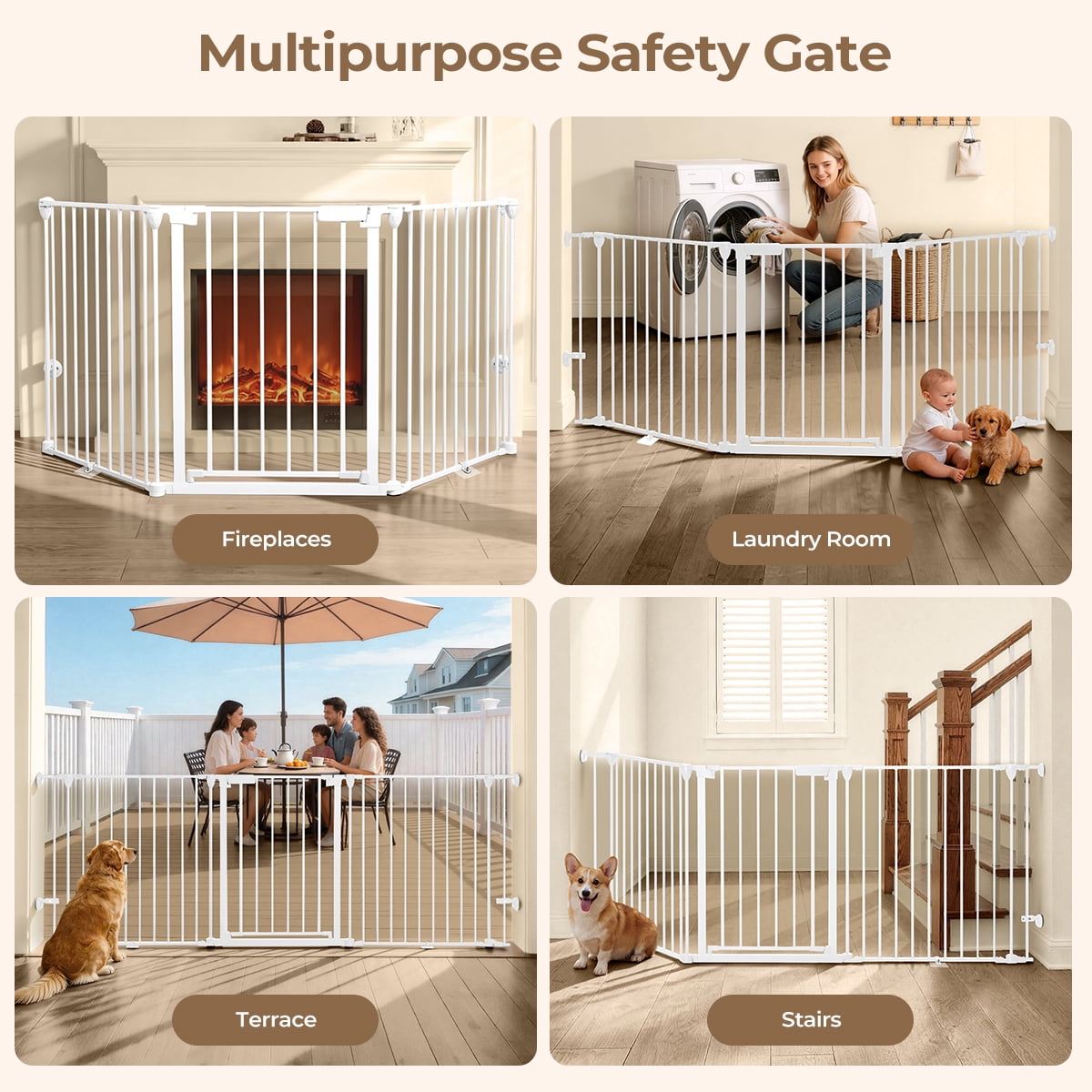 Pet Safety Gate, Caveen 3Panels 80" Extra Wide Iron Gates for Doorway Kitchen Playard, White