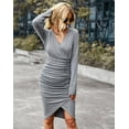 thumbnail image 6 of Solid V-Neck Long Sleeve Ruching Asymmetrical Dress, 6 of 26