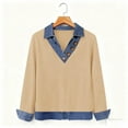 thumbnail image 5 of ManxiVoo Women's Denim Patchwork Sweatshirt Casual Lapel V Neck Long Sleeve Pullover for Street Style XXL Size Khaki, 5 of 7