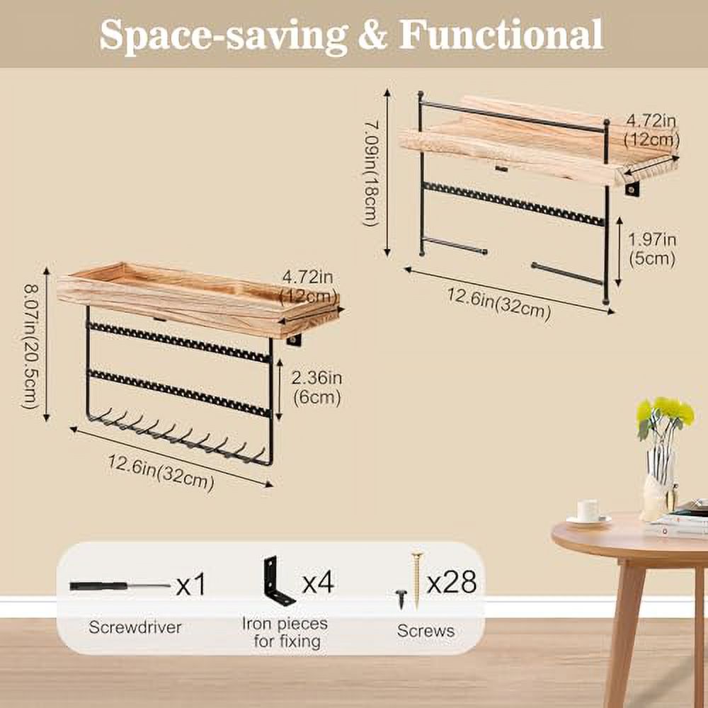 Lolalet Wall Mounted Jewelry Organizer, Set of 2 Hanging Shelves Jewelry Holder Display for Earrings Bracelet Necklace Perfume Lipstick Ring, Women Girls Bedroom Jewelry Storage Rack -Black