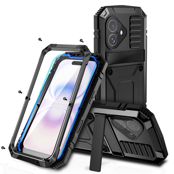 Dteck Metal Heavy Duty Case for iPhone 17,Shockproof Aluminum Silicone Rugged Stand Case with Screen Protector Lens Protection Cover for iPhone 17 ,Black