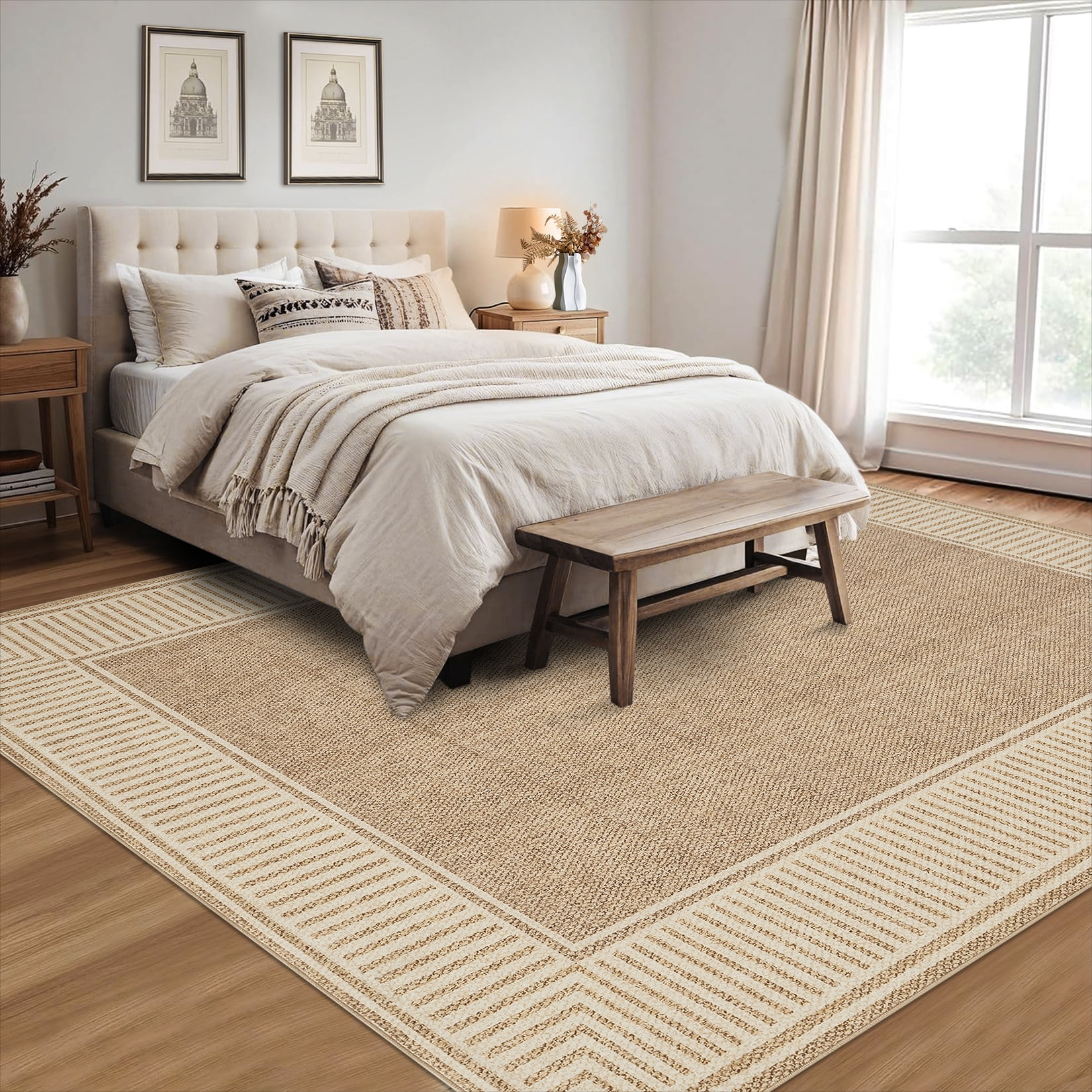 Garvee Indoor Bordered Area Rug, 5'x7' Modern Non Slip Rubber Backing Washable Rug Low Pile Striped Rugs Carpet for Bedroom Living Room Nursery Office, Linen