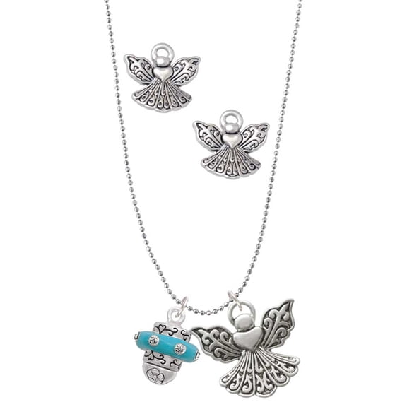 Delight Jewelry Silvertone Crystal Teal Spinner Silver tone Guardian Angel Charm Necklace and Stud Earrings