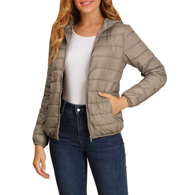 Chaqueta acolchada para mujer Inspire Chic con cuello alto, ligera, con capucha y cierre, talla L, color caqui