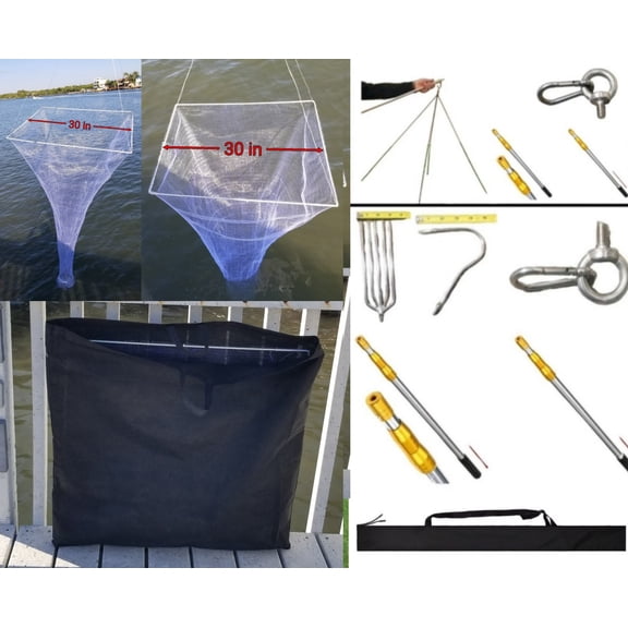 30" Bait Drop Net Kit for Ballyhoo, Pilchards & Sardines – Includes 10ft Stainless Telescopic Pole, Drop Rope & Carry Bag