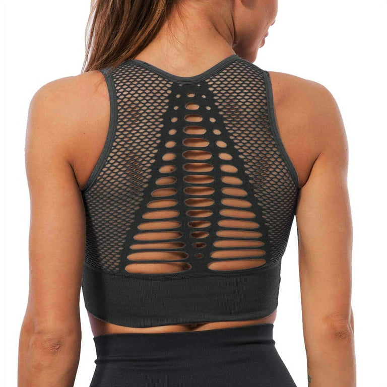 Women Seamless Sports Bra Mesh Breathable Openwork Athletic Workout Tank  Tops Longline Gym Fitness Running Yoga Tops 
