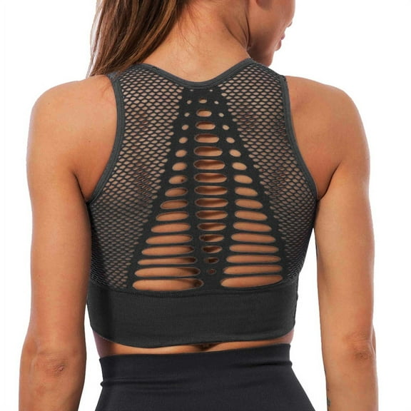 Women's Seamless Sports Bra Mesh Breathable Openwork Athletic Workout Tank Tops Longline Gym Fitness Running Yoga Tops