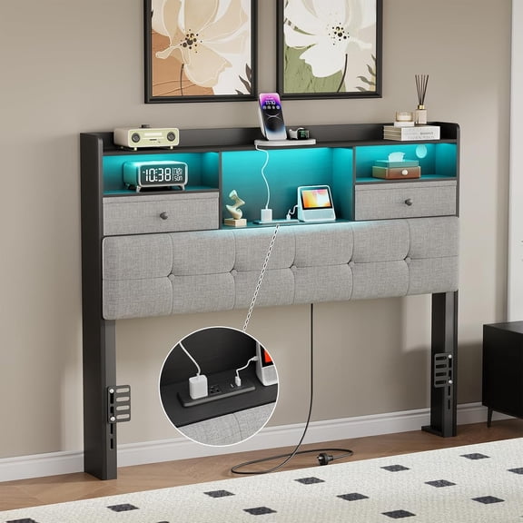 Halitaa Full Size Headboard with Storage, Full Headboard Only with 2 Drawers, Charging Station and LED Lights, Upholstered Headboards Easy Assembly, Black&Grey
