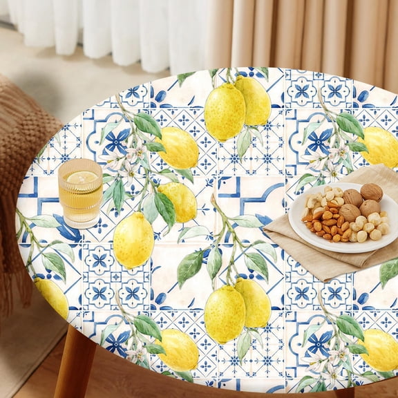 Round Tablecloth Fitted Elastic Edge Patio Table Covers Wrinkle Resistant Waterproof Vinyl Table Cloth for Picnic Camping Indoor and Outdoor,Tiles Flower Texture Lemon 45"-56"