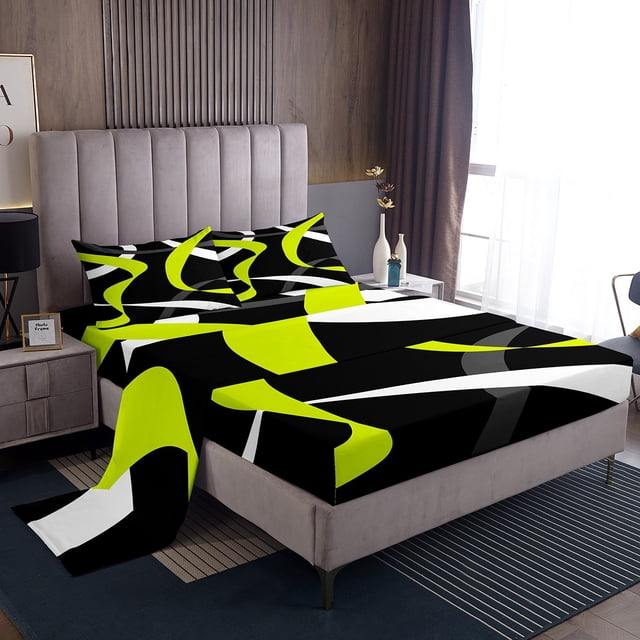 Erosebridal Geometric Stripe Bed Sheets Set Queen Size,Abstract Artwork Bedding Sets Queen Size,Geometry Lines Decor,Breathable,4 Pieces