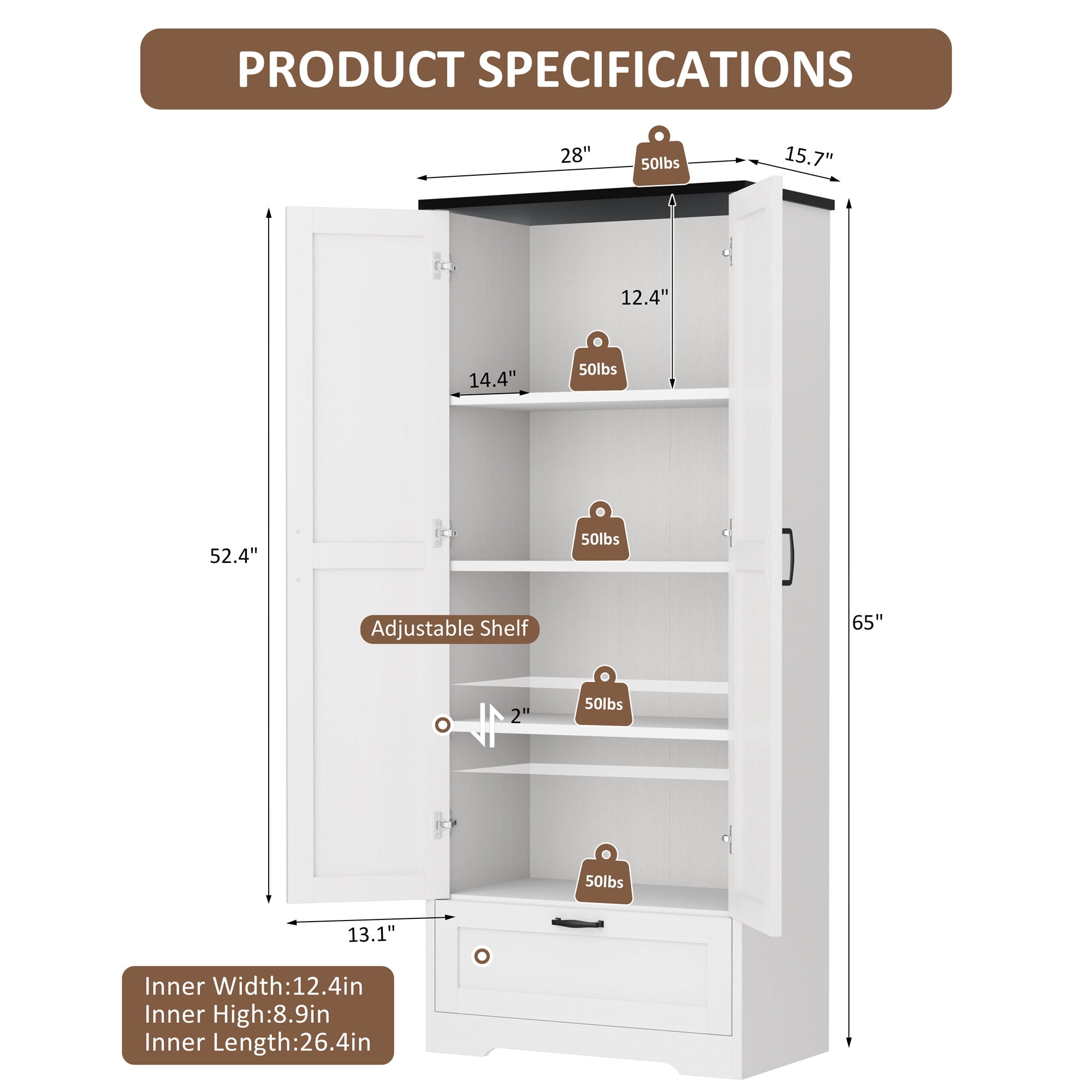 Walsunny 65 Kitchen Pantry Cabinet Freestanding Farmhouse Storage Cabinet with 4 Shelves and 1 Drawer Tall Cupboard White