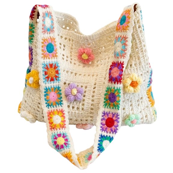 XQWJWLA Knitted Openwork Flower Bag Women's Boho Embroidery Crossbody Bag Hollow Out Crochet Knit Shoulder Bag Tote Handbag