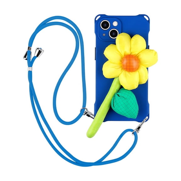 Soft TPU Designed Case for iPhone 13 Pro Max 6.7", Adjustable Hanging Rope Shockproof Cover Case with Three-dimensional Flower for Women & Girls, Blue