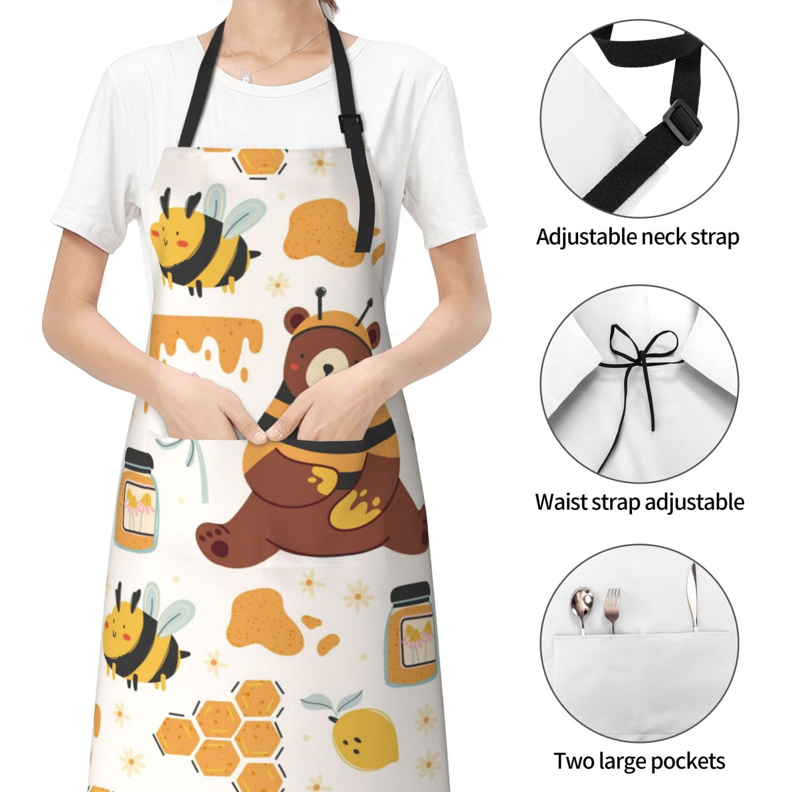 Kdxio Cute Bee Honey Jar Hive Bear Apron with Pockets Adjustable Kitchen Aprons for Men Women Waterproof Aprons for Cooking,Drawing,Crafting, Baking Household Cleaning