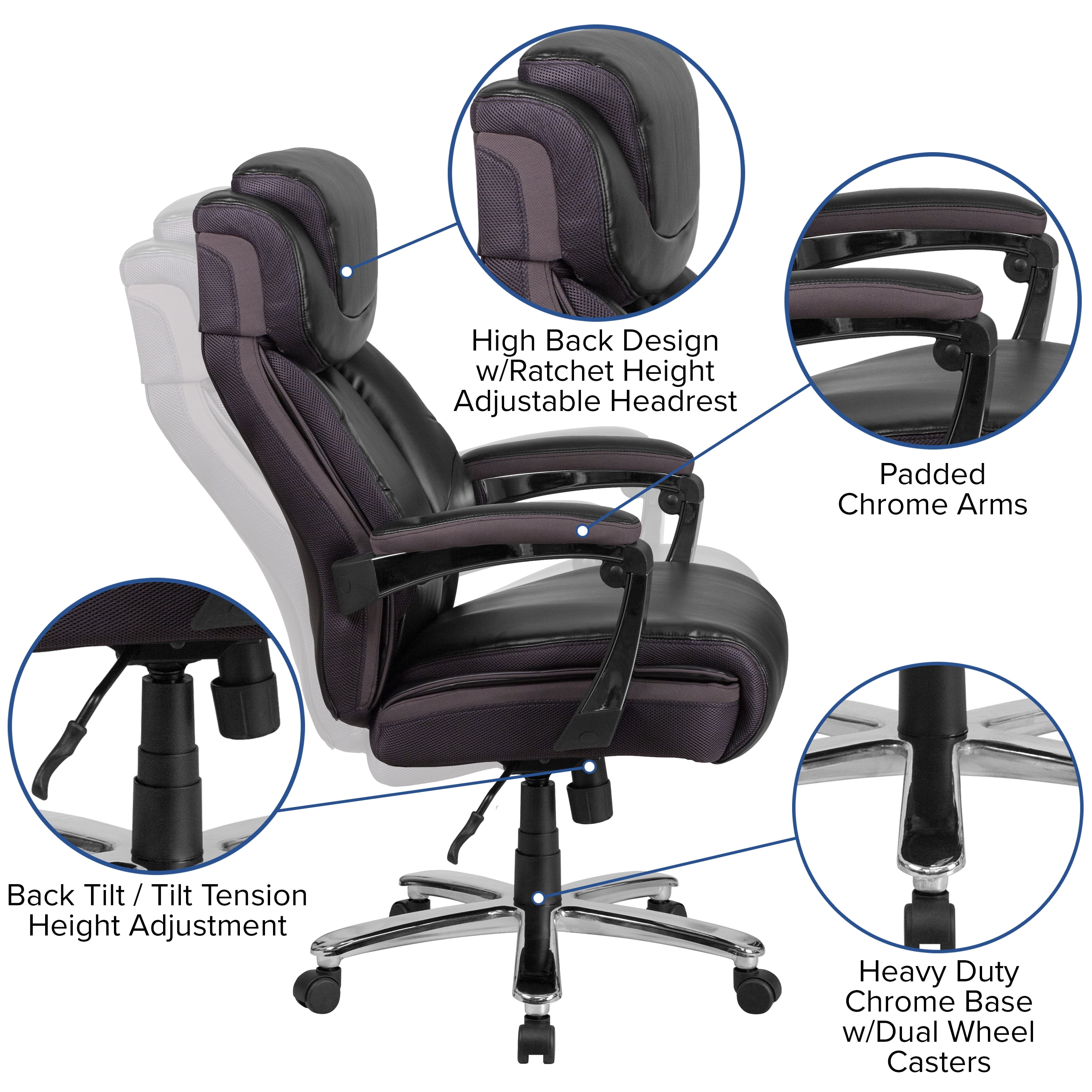Emma + Oliver 500 lb. Big & Tall Black LeatherSoft Ergonomic Office Chair, Adjustable Headrest