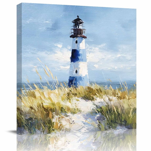 Wall Art Prints, Coastal Lighthouse Framed Canvas Prints for Bedroom Living Room Bathroom Office, Summer Ocean Oil Painting Sky Blue Gallery Wrap Wall Art Poster for Gifts Home Decor 16"x16"