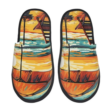 

Rateoe Beach Umbrella Sunset Pattern Fuzzy Slippers Fuzzy Soft House Slippers Plush Furry Warm Cozy Open Toe Fluffy Home Shoes-Large