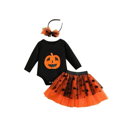 

One opening Toddle Baby Girl s Halloween Jumpsuits Set Long Sleeve Pumpkin Printed Romper Tops + Stars Mesh Tulle Skirt + Hair Hoop