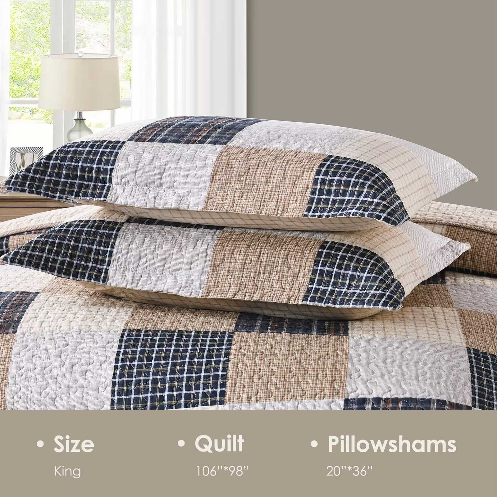Bedduvit Cotton Quilt King Size - 3 Piece 100% Cotton Lightweight Soft Brown Black Beige King Quilt Set with 2 Pillow Shams, Reversible Patchwork Plaid Bedspread/Coverlet/Bedding Set for All Seasons