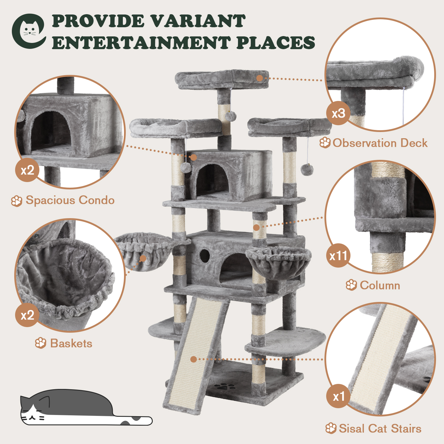 Amolife 68" X-Large Cat Tree with Scratching Board and Posts, Gray photo 3