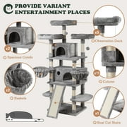 Amolife 68 X-Large Cat Tree and Tower for Indoor Cats, Condo House with Scratching Board & Thick Posts, Gray