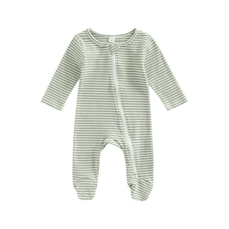 

sdghg Newborn Baby Unisex Casual Romper Long Sleeve Round Neck Stripe Printed Feet-Covered Long Jumpsuit