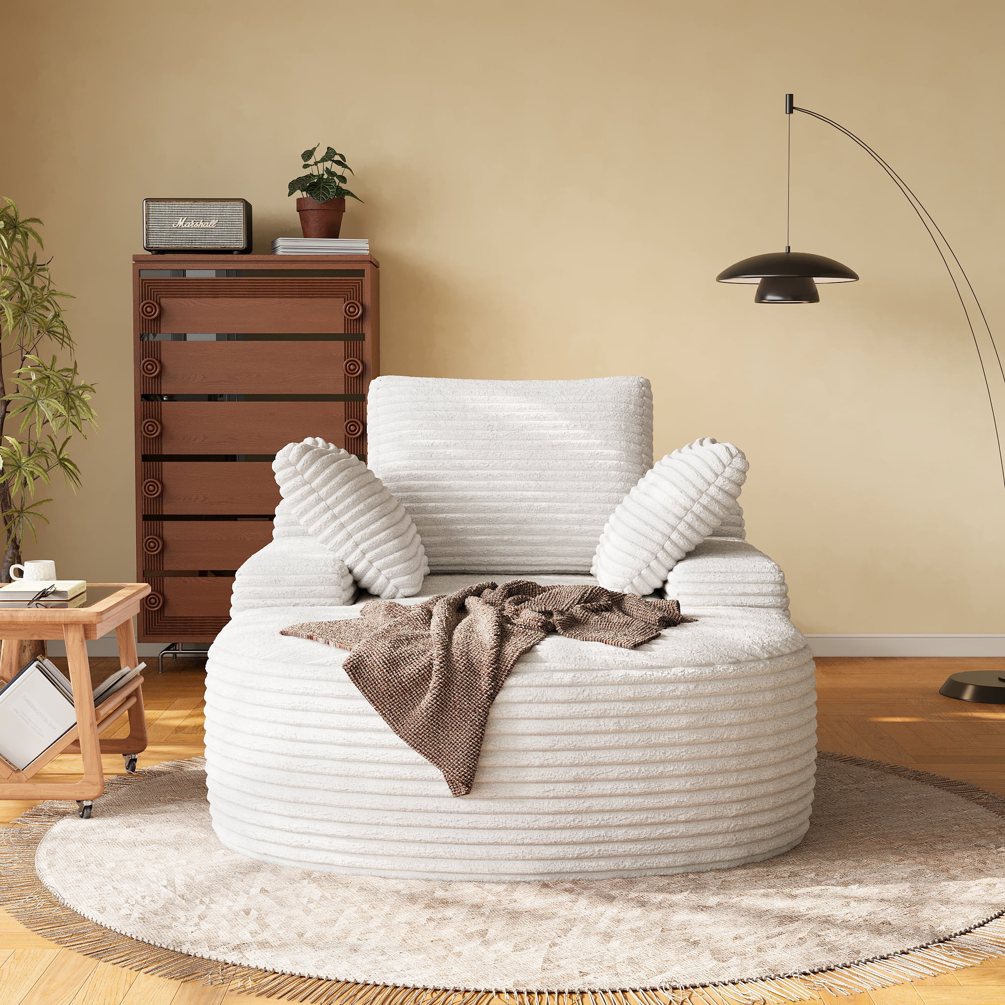 Magic Home Oversized Chaise Lounge Chair Indoor, Modern Deep Seat Sofa with Back Cushion, Pillows, Cloud Plush Corduroy Upholstered Sofa Bed, for Living Room,Bedroom,No Assembly Required, Beige Couch