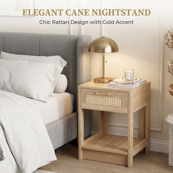 15.75" Boho Rattan End Table with Storage Drawer, Modern Nightstand for Bedroom, Natural