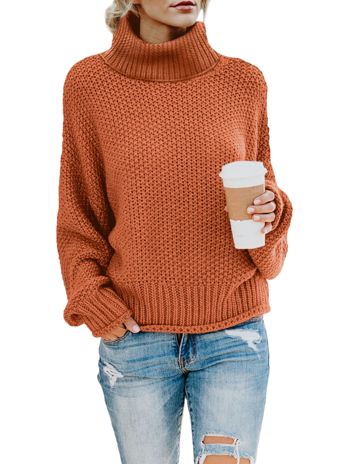 Sidefeel Womens Casual Solid Color Long Sleeve Turtleneck Chunky Knitted Pullover Sweater Winter Warm Jumper Tops Orange M 8-10