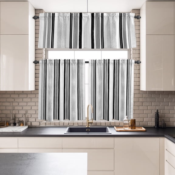 Kitchen Window Curtains Valance and Tier Set, Modern Black Gray Stripe Rod Pocket Tier Curtains and Valance 3 Piece Set, Abstract Geometric Lines Window Treatment for Bedroom Living Room