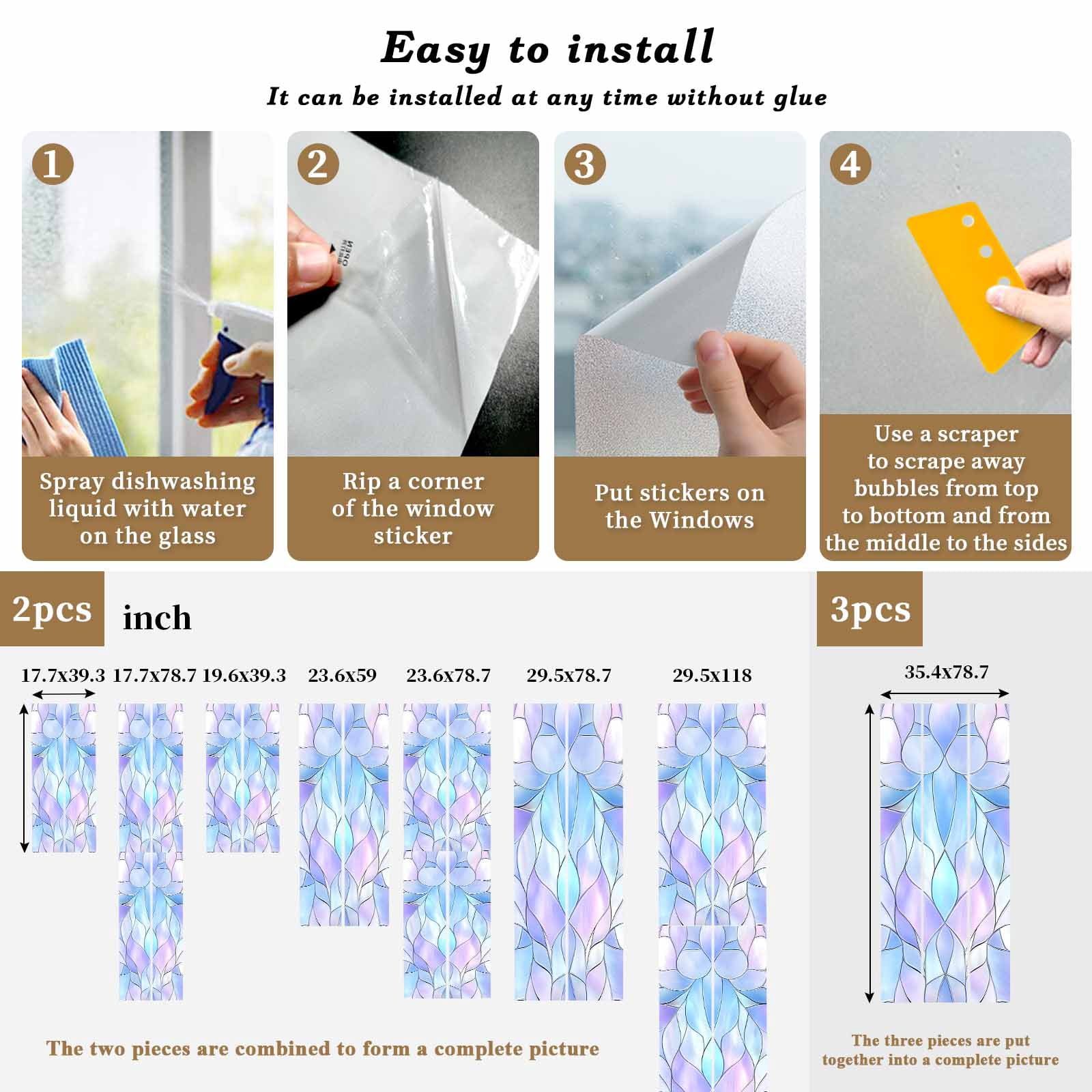 Stained Glass Window Privacy Film, Blue Purple Floral Geometric Static Cling UV Sun Blocking Heat Control Window Tint Day and Night, Non-Adhesive Reusable One Way Windows Privacy Cover 35.4''x78.7''