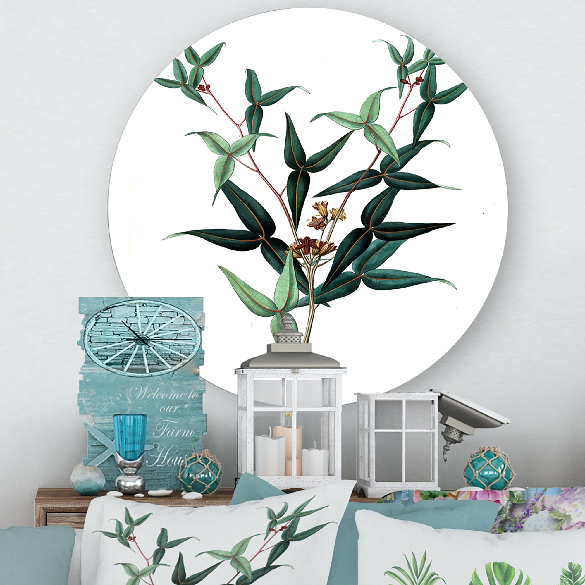 Designart 'Ancient Green Leaves Plants VIII' Traditional Circle Metal Wall Art 11x11 - Disc of 11
