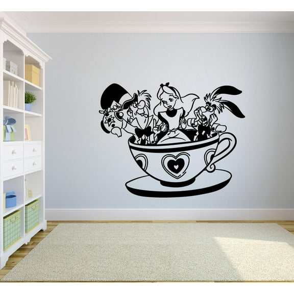 Alice In Wonderland Alice In A Tea Cup With Mad Hatter Sillhouette Cute Alice In Wonderland Wall Sticker Vinyl Decal Home Decor For Boys/Girls Room Home Bedroom Decoration Sticker Size (18x20 inch)