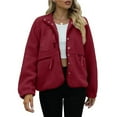 thumbnail image 2 of Womens Fleece Jacket Fuzzy Long Sleeve Short Winter Coats Button Down Jacket Outerwear with Pockets Wine Red XXL, 2 of 6