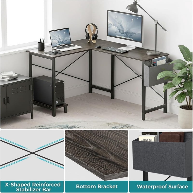 Kelno 50 Inch L Shaped Computer Desk Corner Desk with CPU Stand Side Storge Bag Study Writing Table, Grey