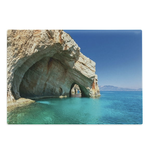Greece Cutting Board, Sea Cave on Zakynthos Island Greece Vacation Relaxing Seascape Coastline Picture, Decorative Tempered Glass Cutting and Serving Board, Large Size, Tan Pale Blue, by Ambesonne