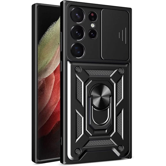 for Samsung Galaxy S23 Ultra Case, Heavy Duty Shockproof Full Body Protective Phone Cover for Samsung Galaxy S23 Ultra 5G, Built in Slide Camera Lens Cover Finger Ring Stable Kickstand, Black
